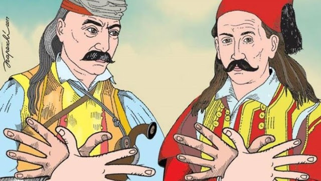 Σάλος με σκίτσο που δείχνει τον Κολοκοτρώνη και τον Μπότσαρη να σχηματίζουν τον αλβανικό αετό - ΦΩΤΟ - Φωτογραφία 1