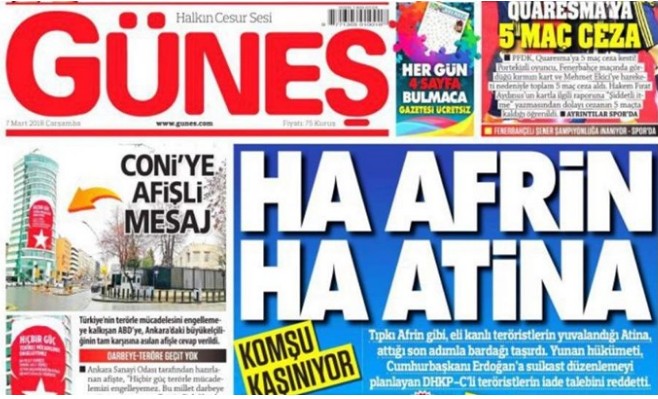 Προκλητικό πρωτοσέλιδο τουρκικής εφημερίδας: «Τι Αφρίν, τι Αθήνα» - Φωτογραφία 1