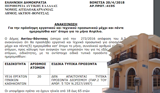 Προσλήψεις 20 ατόμων με 5 ημερομίσθια στο Δήμο ΑΚΤΙΟΥ ΒΟΝΙΤΣΑΣ - Φωτογραφία 1