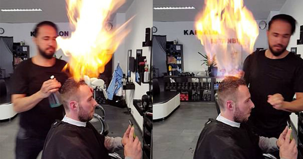 Τι κάνει ο παλαβιάρης;...Κομμωτής χρησιμοποιεί φωτιά για να χτενίσει τα μαλλιά των πελατών του - Φωτογραφία 1