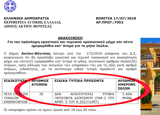 Πρόσληψη 20 ατόμων για 5 μεροκάματα στο Δήμο ΑΚΤΙΟΥ ΒΟΝΙΤΣΑΣ - Φωτογραφία 1