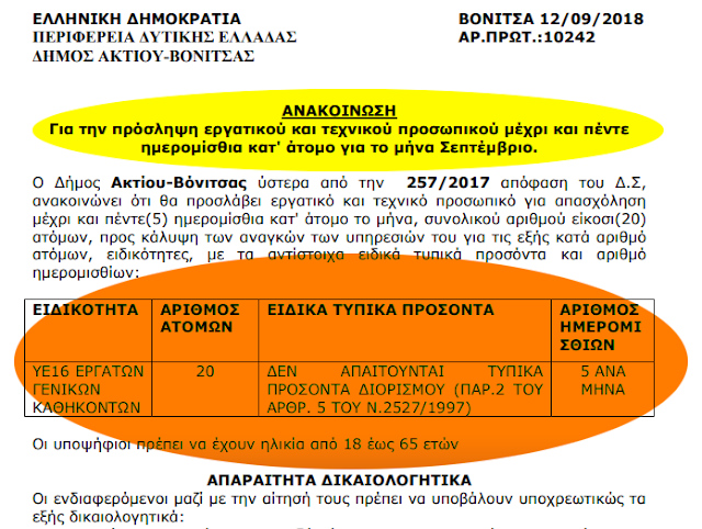 Πρόσληψη 20 ατόμων για 5 μεροκάματα στο Δήμο ΑΚΤΙΟΥ ΒΟΝΙΤΣΑΣ, για το μήνα Σεπτέμβριο - Φωτογραφία 1