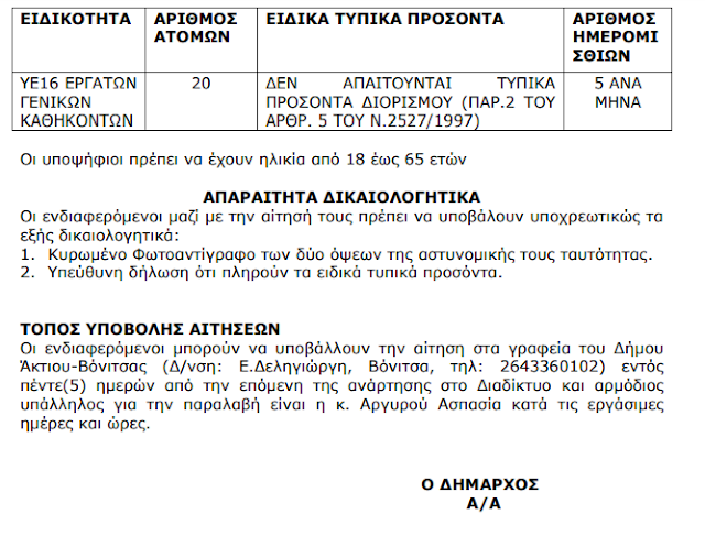Πρόσληψη 20 ατόμων για 5 μεροκάματα στο Δήμο ΑΚΤΙΟΥ ΒΟΝΙΤΣΑΣ, για το μήνα Σεπτέμβριο - Φωτογραφία 3