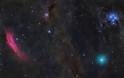 Red Nebula, Green Comet, Blue Stars