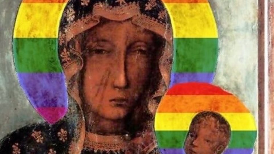 Πολωνή συνελήφθη για αφίσες με την Παναγία να έχει φωτοστέφανο στα χρώματα του ουράνιου τόξου των gay - Φωτογραφία 1