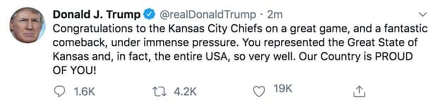 Ο Τραμπ συνεχάρη λάθος... πολιτεία για την νίκη των Kansas City Chiefs στο Super Bowl! - Φωτογραφία 2