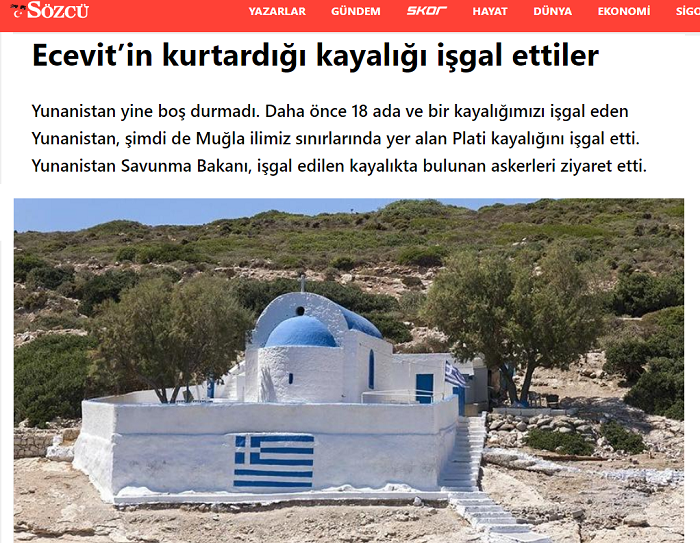 Τούρκοι: «Η Ελλάδα κατέλαβε τη βραχονησίδα Πλάτη» λέει φιλοκυβερνητική εφημερίδα - Φωτογραφία 2