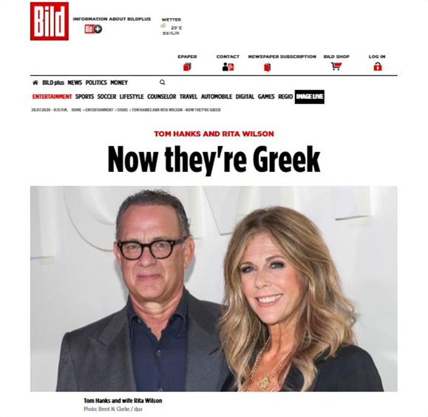 Bild γράφει για τους Τομ Χανκς και Ρίτα Γουίλσον: «Τώρα είναι Έλληνες» - Φωτογραφία 2
