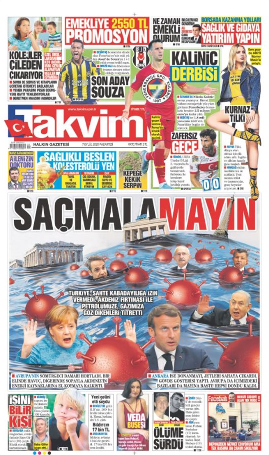 Τουρκική εφημερίδα παρουσιάζει Μητσοτάκη, Μακρόν, Μέρκελ ως … «ναυαγούς» στη Μεσόγειο - Φωτογραφία 1