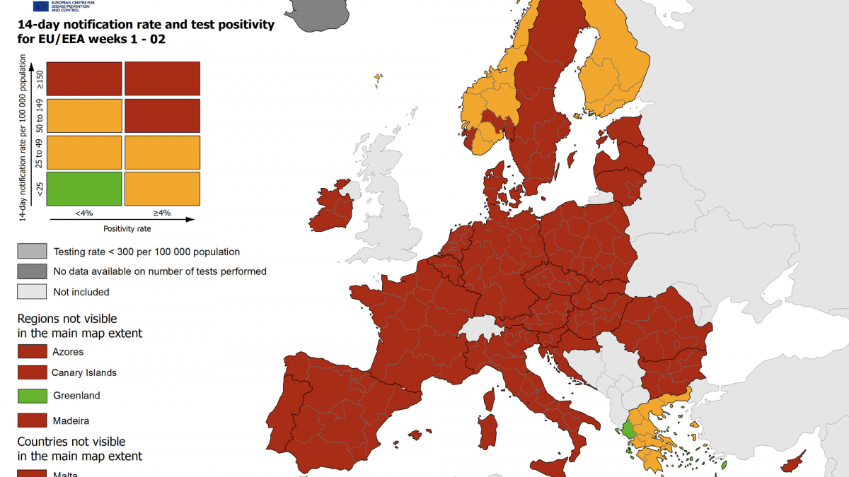 Χάρτης ECDC: Η Ελλάδα στις ελάχιστες «πορτοκαλί» χώρες. Η μόνη με πράσινες περιοχές - Φωτογραφία 1