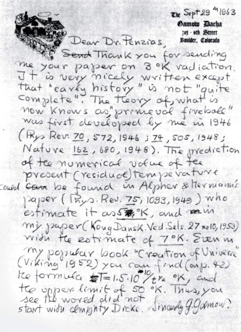 Ο Gamow για την ανακάλυψη της ακτινοβολίας υποβάθρου, σε ένα γράμμα προς τον Penzias. - Φωτογραφία 1