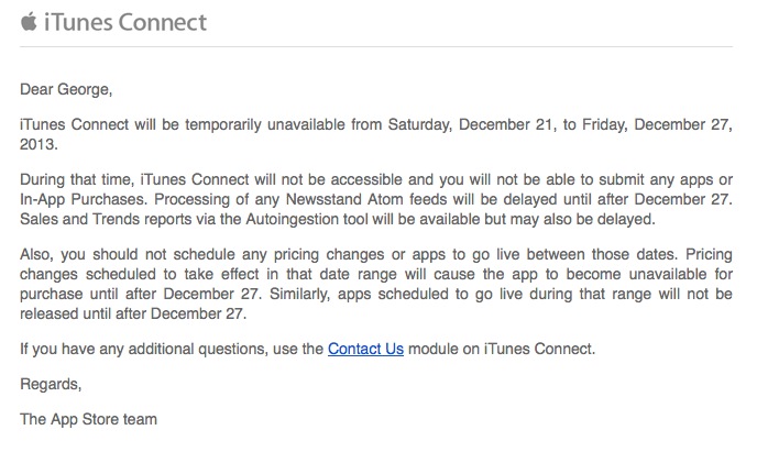 Το iTunes Connect θα παραμείνει κλειστό από 21-27 Δεκεμβρίου - Φωτογραφία 2