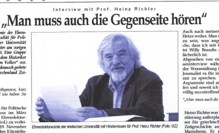 Συνέντευξη Χάινς Ρίχτερ στην Griechenland Zeitung: «Φασίστες σταμάτησαν την αναγόρευσή μου σε επίτιμο διδάκτορα» - Φωτογραφία 1