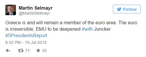 Η Ελλάδα είναι και θα μείνει στην ευρωζώνη - ΔΕΙΤΕ το tweet  του προσωπάρχη του Γιούνκερ - Φωτογραφία 2