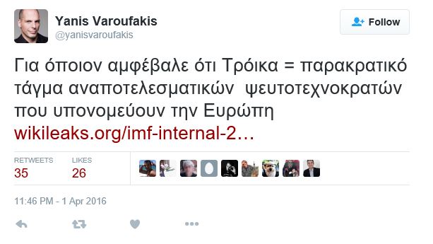 ΑΙΧΜΗΡΑ TWEET ΒΑΡΟΥΦΑΚΗ ΓΙΑ ΤΙΣ ΑΠΟΚΑΛΥΨΕΙΣ ΤΩΝ WIKILEAKS - Φωτογραφία 2