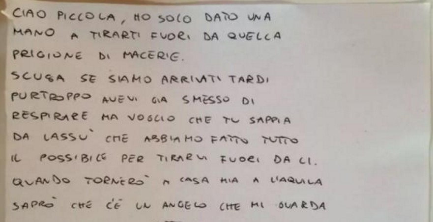 Το συγκλονιστικό γράμμα του πυροσβέστη στην 9χρονη που έχασε τη ζωή της στον σεισμό της Ιταλίας - Φωτογραφία 1