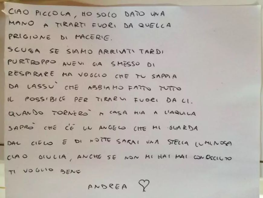 Το συγκλονιστικό γράμμα του πυροσβέστη στην 9χρονη που έχασε τη ζωή της στον σεισμό της Ιταλίας - Φωτογραφία 2