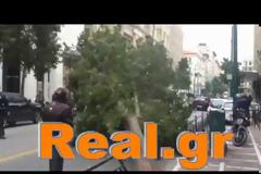 Δέντρο 30 μέτρων έπεσε πάνω σε αυτοκίνητο στη Σταδίου! - Aπό θαύμα γλίτωσε μοτοσικλετιστής